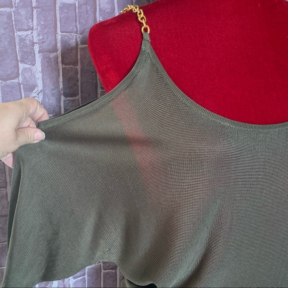 Olive Green & Gold Chain Cold-Shoulder Sweater - Picture 3 of 6